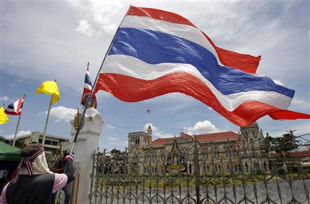 An anti-government protester waves a Thai national flag during a rally outside the Government House in Bangkok May 17, 2014. REUTERS/Chaiwat Subprasom
