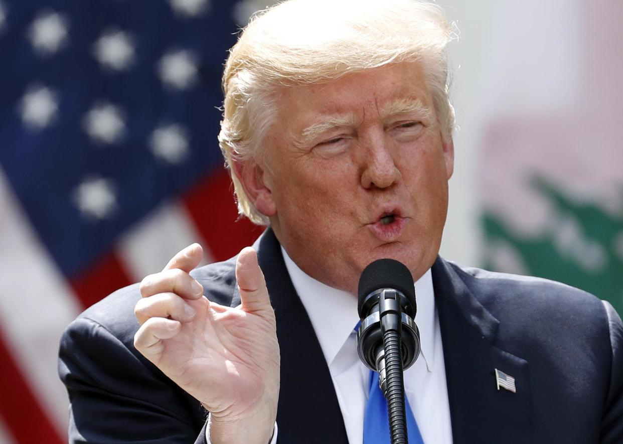 President Donald Trump speaks about the healthcare vote during a joint news conference with Lebanese Prime Minister Saad Hariri: AP Photo/Alex Brandon