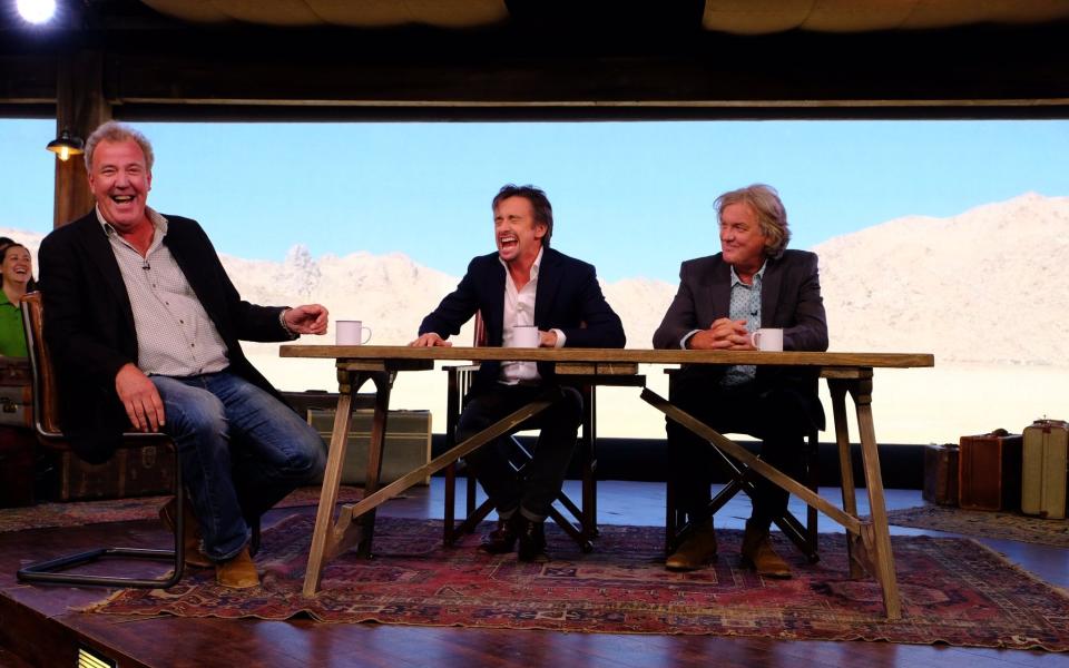 Clarkson, Hammond and May in the Grand Tour tent - amazon