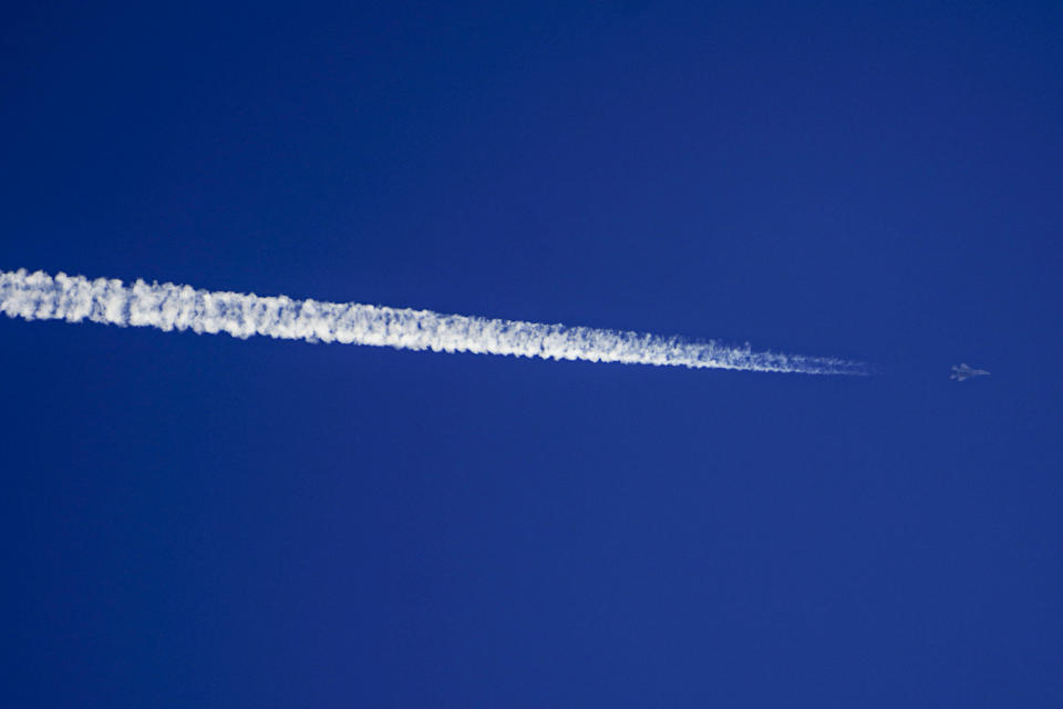 An Israeli F-15 jet fighter maneuvers over south Lebanon as seen from northern Israel , Thursday, Feb. 29, 2024. (AP Photo/Ariel Schalit)