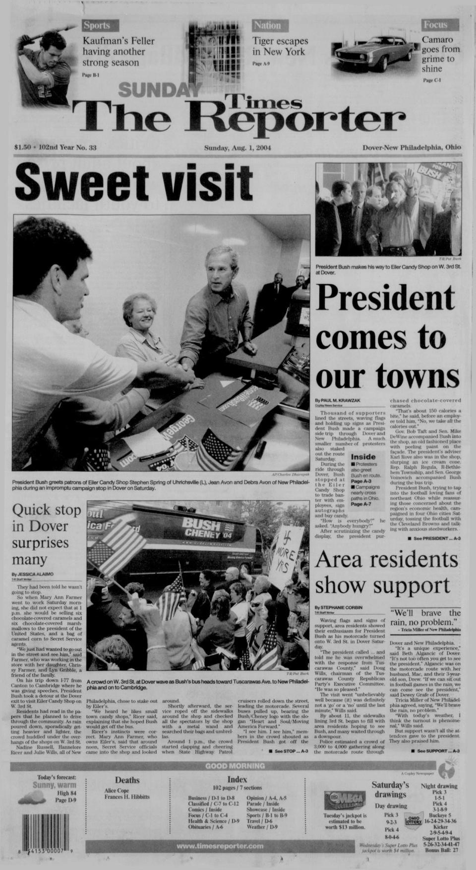 The Sunday, Aug. 1, 2004, front page of the Times-Reporter shows a visit by then-President George W. Bush at Eiler Candy Shop.