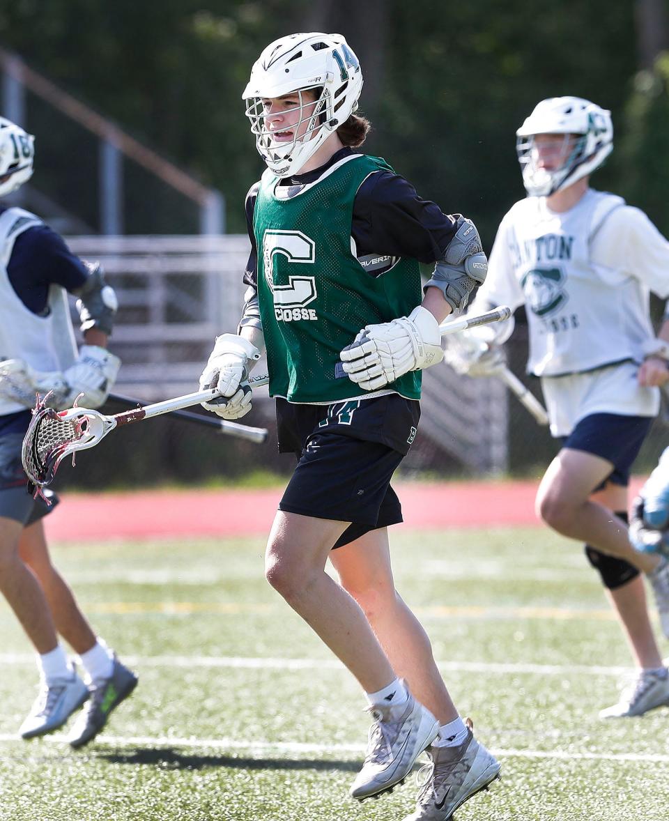Canton High boys lacrosse midfielder Jeff Chaput runs during practice on Wednesday, May 25, 2022.