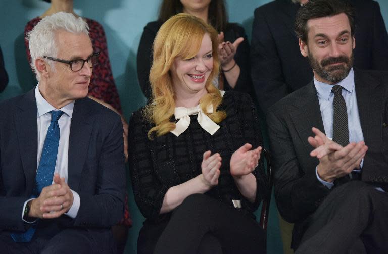 Actors in the AMC television series "Mad Men" (L-R) John Slattery; Christina Hendricks and Jon Hamm attend an event at the Smithsonian National Museum of American History on March 27, 2015 in Washington, DC