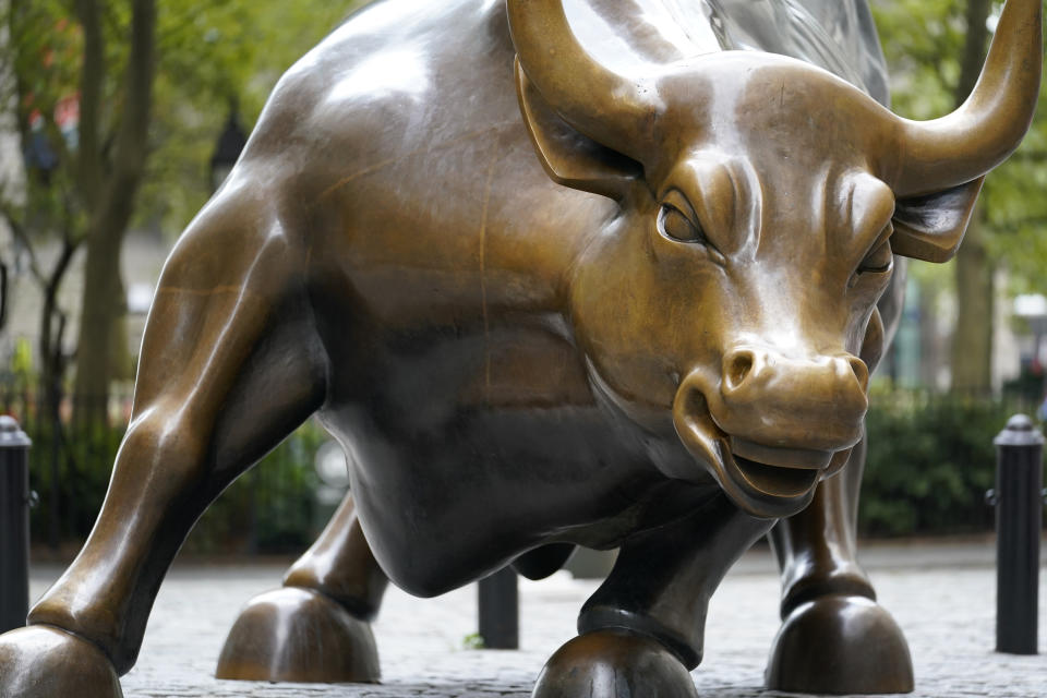 The Charging Bull statue is shown in New York's financial district, Tuesday, Sept. 8, 2020. More sharp declines for big tech stocks are dragging Wall Street toward a third straight loss on Tuesday. (AP Photo/Mark Lennihan)