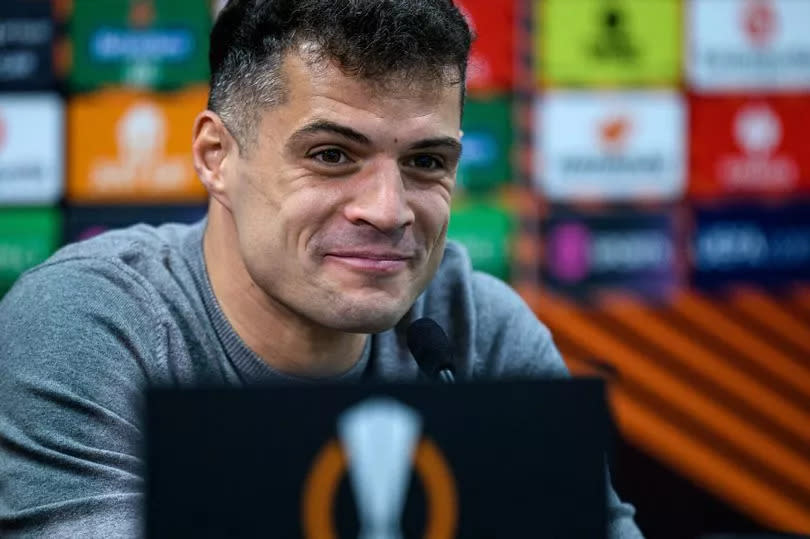 Granit Xhaka of Leverkusen ahead of their UEFA Europa League 2023/24 Quarter-Final second leg match against West Ham United