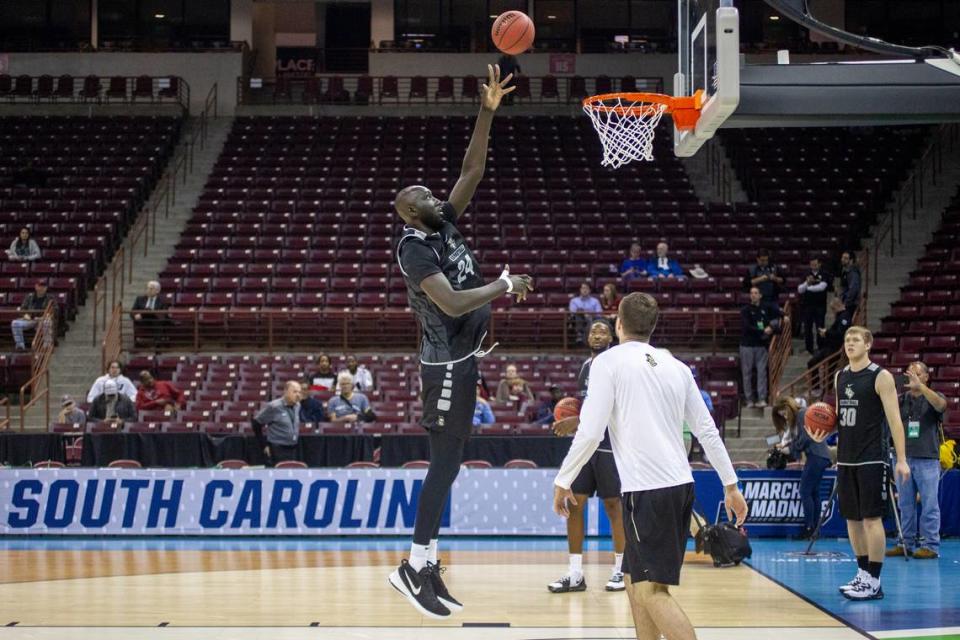 UCF’s Tacko Fall goes through shooting drills during a practice session a day before the start of the NCAA Tournament at Colonial Life Arena Thursday March 21, 2019, in Columbia, SC.