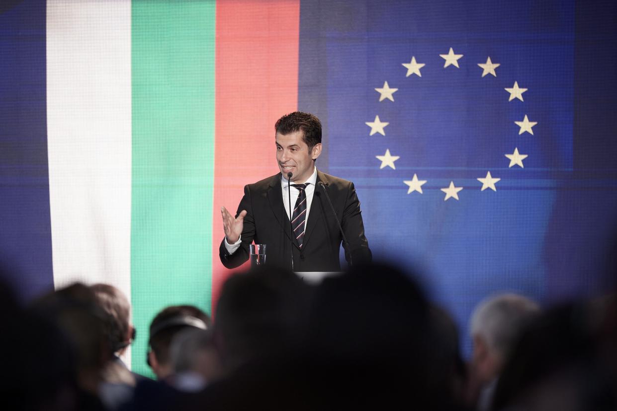 Bulgaria's Prime Minister Kiril Petkov speaks during a ceremony at the port of Alexandroupolis, northern Greece, Tuesday, May 3, 2022. Top European Union official Charles Michel is joining the leaders of four Balkan countries on a tour of liquefied natural gas facilities being built in northern Greece to challenge Russia's energy dominance in the region. (Dimitris Papamitsos/Greek Prime Minister's Office via AP)