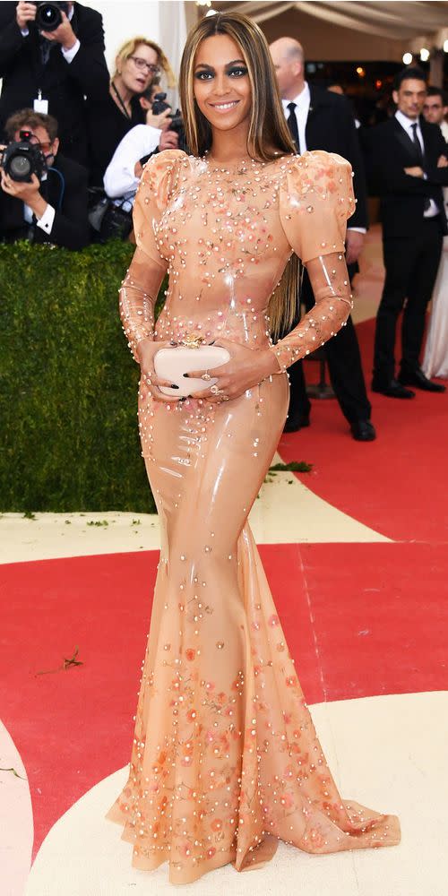 <p>The singer wore a unique peach latex Givenchy gown to the 2016 Met Gala.</p>