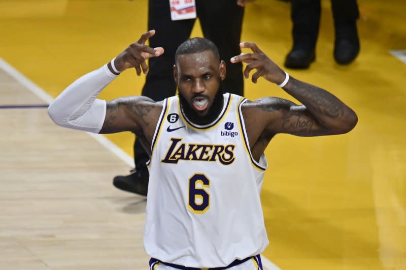 Los Angeles Lakers forward LeBron James celebrates after securing a 128-117 win against the Utah Jazz in Los Angeles on April 9. File photo by Jim Ruymen/UPI