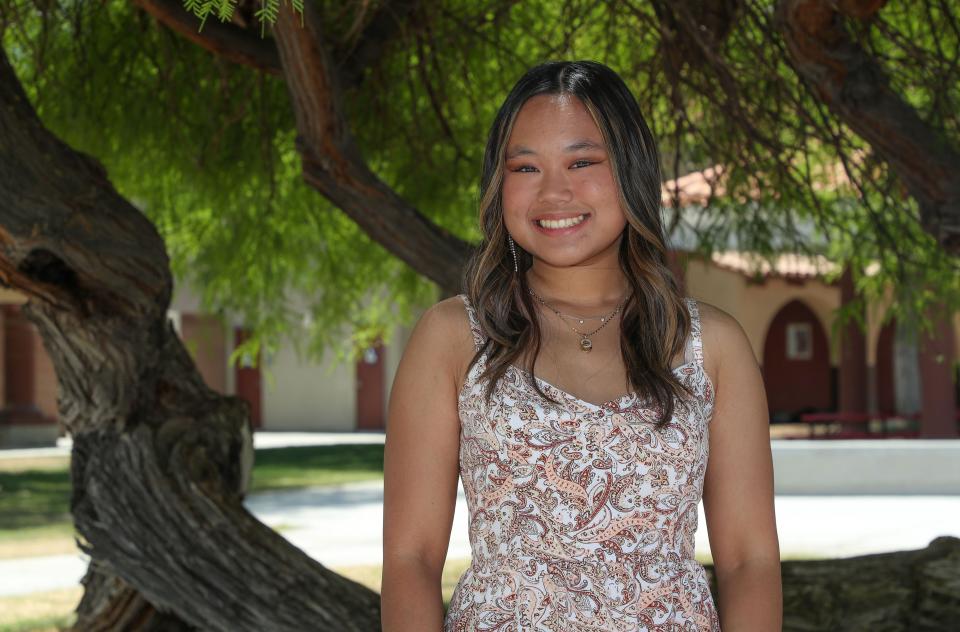 Shelomith Hoy is a student at Palm Springs High School who not only will graduate in just three years but has also earned two associates degrees fom College of the Desert.  She is photographed at Palm Springs High School on May 17, 2023.