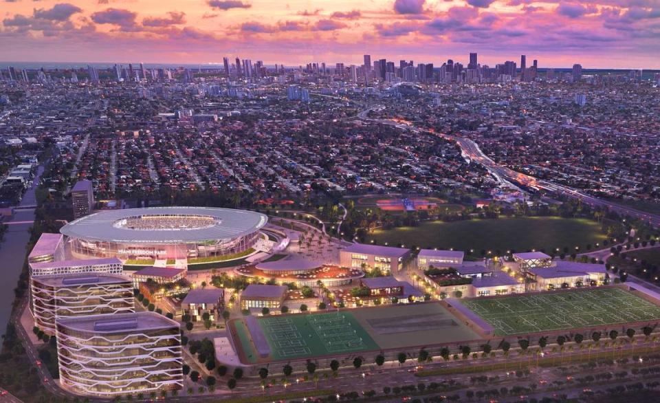 Representación del Miami Freedom Park, el futuro estadio propuesto para el Inter Miami CF en Miami, Florida.