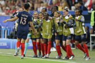 France's Valerie Gauvin celebrates after scoring her side's opening goal during the Women's World Cup Group A soccer match between France and Norway in Nice, France, Wednesday, June 12, 2019. (AP Photo/Claude Paris)