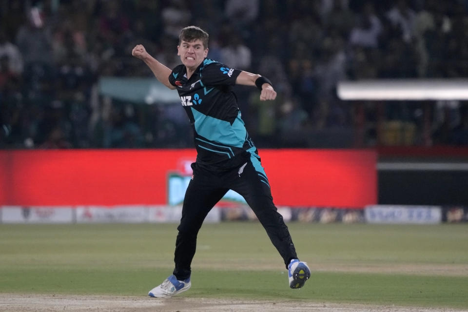 New Zealand's Ben Sears celebrates after the dismissal of Pakistan's Babar Azam during the fifth T20 international cricket match between Pakistan and New Zealand, in Lahore, Pakistan, Saturday, April 27, 2024. (AP Photo/K.M. Chaudary)