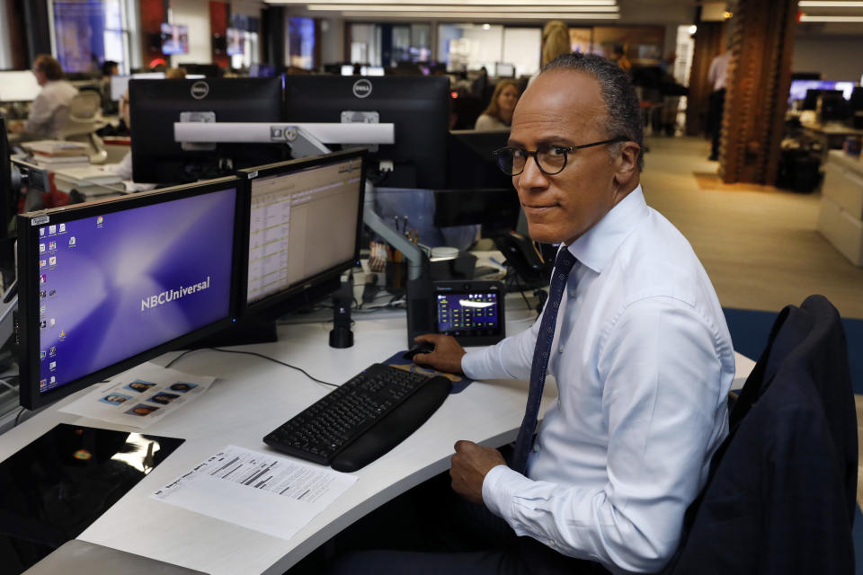 This July 31, 2019 photo shows Lester Holt, anchor of "NBC Nightly News," and host of "Dateline NBC" posing at his news desk in New York. Holt spent a couple of nights locked up in Louisiana's notorious Angola prison earlier this year for a "Dateline NBC" episode about criminal justice reform. The episode airs Friday night on NBC. (AP Photo/Richard Drew)