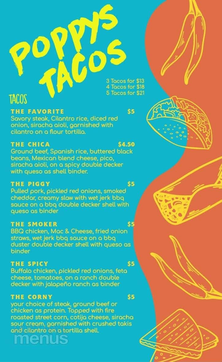 The taco menu from Poppys Tacos on Cherry Avenue NE in Canton. The tacos cost $4.50 to $5, or three for $13.