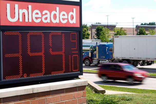 PHOTO: In this July 20, 2022, file photo, the price of regular unleaded gas is advertised for just under $4 a gallon at a Woodman's, in Menomonie Falls, Wis. (Morry Gash/AP, FILE)