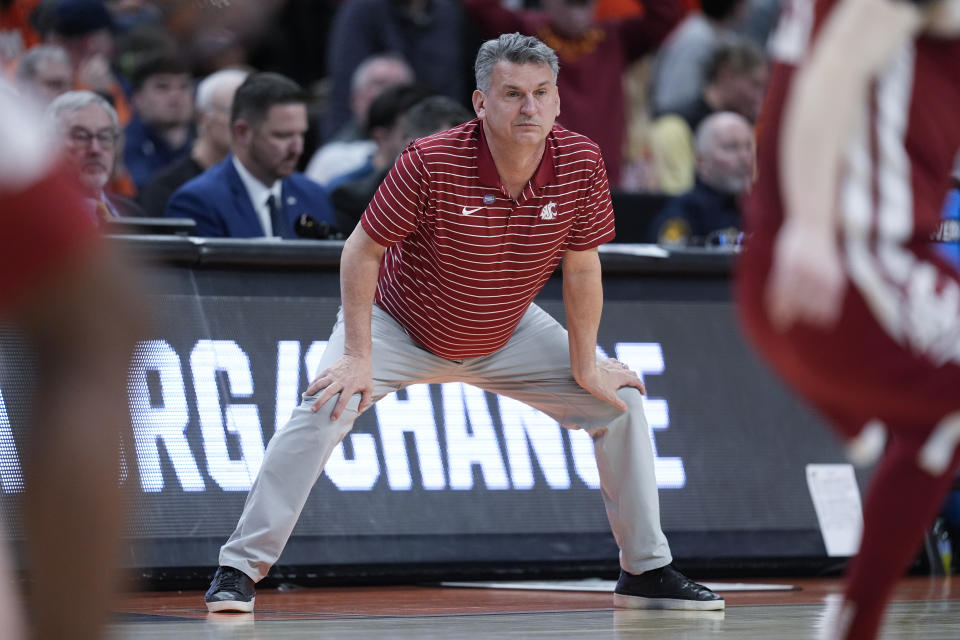 Washington State head coach Kyle Smith watches his team play against Iowa State in the second half of a second-round college basketball game in the NCAA Tournament, Saturday, March 23, 2024, in Omaha, Neb. (AP Photo/Charlie Neibergall)