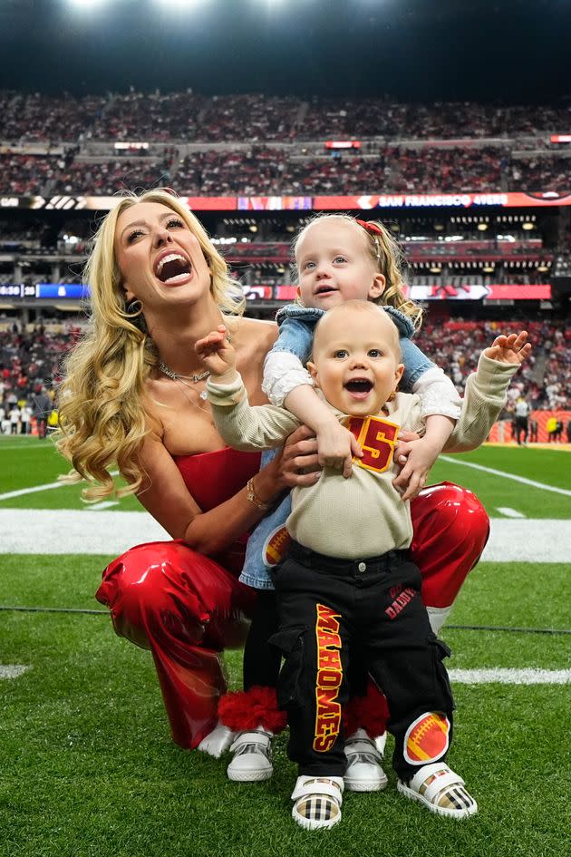 Brittany Mahomes, the wife of Chiefs QB Patrick Mahomes, was thrilled to bring kids Sterling and Bronze to the big game.