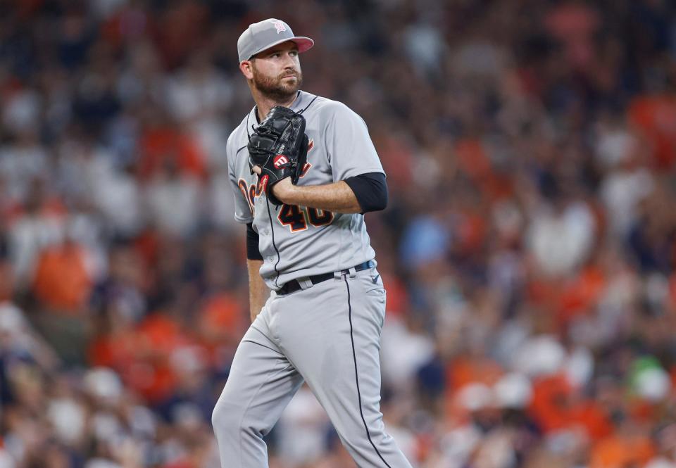 Detroit Tigers relief pitcher Drew Hutchison (40) reacts after giving up a home run during the third inning against the Houston Astros at Minute Maid Park.