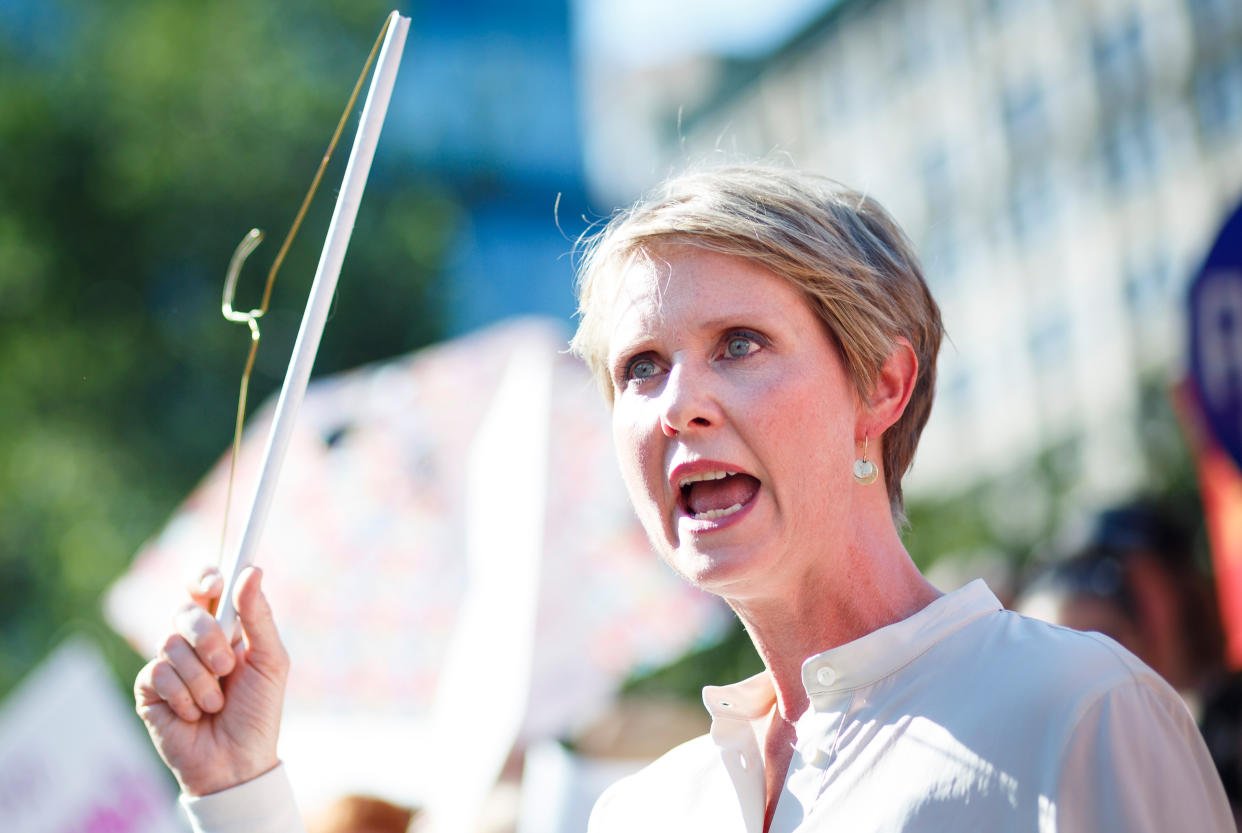 New York gubernatorial candidate Cynthia Nixon at a rally in response to President Trump’s nomination of Judge Brett Kavanaugh to the Supreme Court, July 2018. (Photo: Justin Lane/EPA-EFE/Rex/Shutterstock)