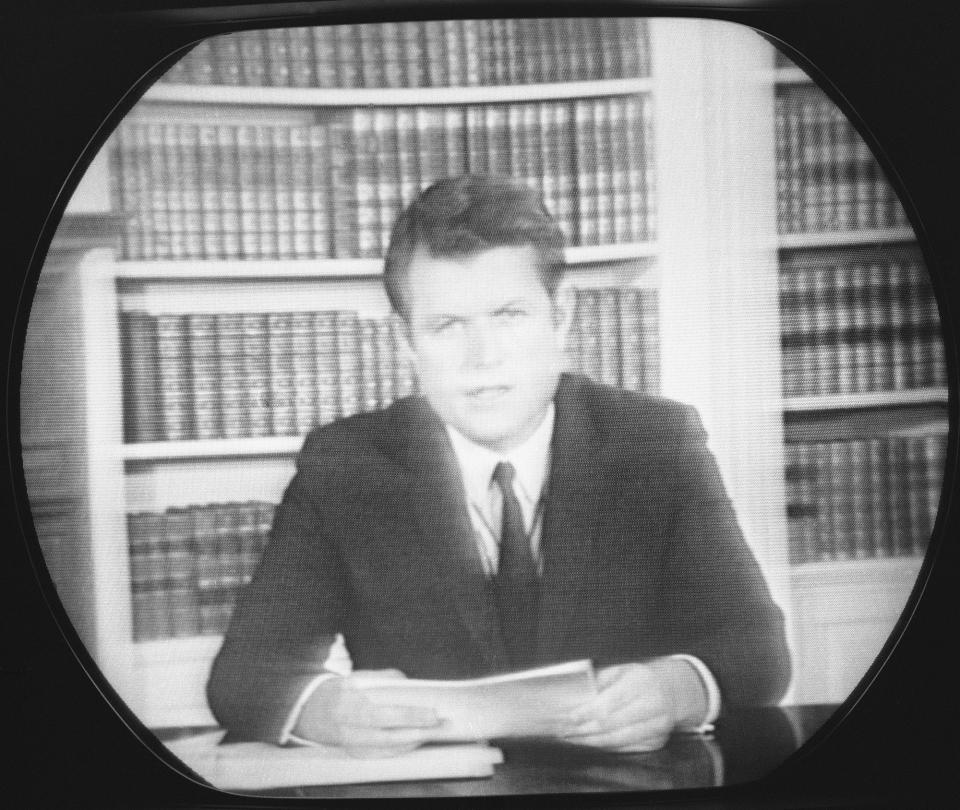 Sen. Edward Kennedy is shown on the TV screen as he spoke to the nation concerning the controversy surrounding his recent accident, July 25, 1969. In the 15-minute talk, Kennedy denied being under the influence of liquor when his automobile plunged from a narrow island bridge, killing his passenger, Mary Jo Kopechne. He also dispelled rumors of immoral conduct between the two. He left the question of whether or not he should remain in office, up in the air, for further consideration by both himself and the people of Massachusetts. (Photo: RR/AP)