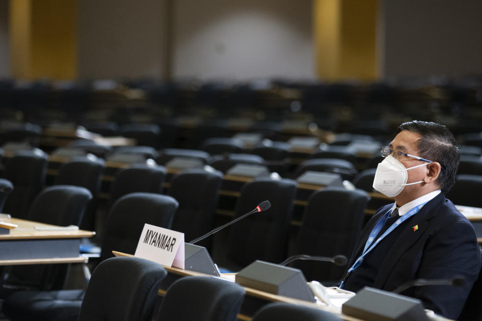 Myint Thu, ambassador of the Permanent Representative Mission of Myanmar to Geneva, addresses his statement during the Human Rights Council special session on "the human rights implications of the crisis in Myanmar" at the European headquarters of the United Nations in Geneva, Switzerland, Friday, Feb. 12, 2021. The special session of the Human Rights Council on the situation in Myanmar is take in person and in virtualle due to the coronavirus pandemic. (Salvatore Di Nolfi/Keystone via AP)