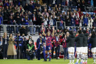 United States' forward Carli Lloyd is honored before a soccer friendly match against South Korea, Tuesday, Oct. 26, 2021, in St. Paul, Minn. (AP Photo/Andy Clayton-King)