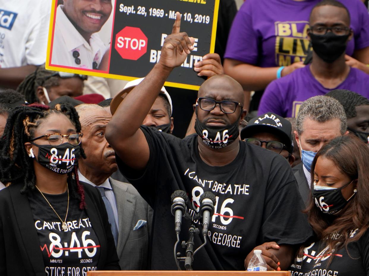 <p>Philonise Floyd, brother of George Floyd, speaks during the March on Washington at the Lincoln Memorial on 28 August 2020 in Washington, DC</p> ((Getty Images))