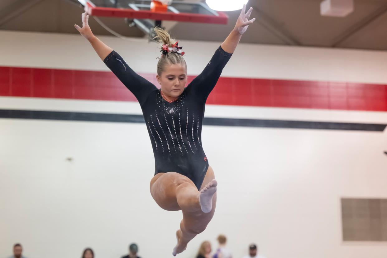 Lafayette Jefferson Katherine Graves competes on the beam during the IHSAA Girls Gymnastics Sectional, Saturday Feb 24, 2024, at Lafayette Jefferson High School in Lafayette, Ind. Northwestern finished in first place.