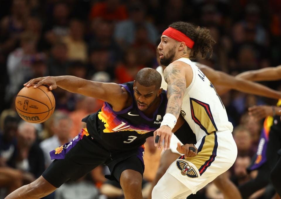 Apr 26, 2022; Phoenix, Arizona, USA; Phoenix Suns guard Chris Paul (3) moves the ball against New Orleans Pelicans guard Jose Alvarado in the first half during game five of the first round for the 2022 NBA playoffs at Footprint Center.