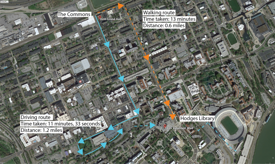 A map showing the routes from The Commons to Hodges Library. Driving was marginally faster, but the lot Keenan parked in was a non-commuter lot, so he lost by technicality.