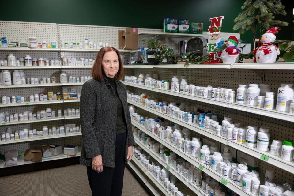 Pharmacist and the co-founders of KIPA (Kentucky Independent Pharmacist Alliance) Rosemary Smith, part owner of Jordan Drug, poses for a portrait at her business in Beattyville, Ky, Tuesday, December 5, 2023.