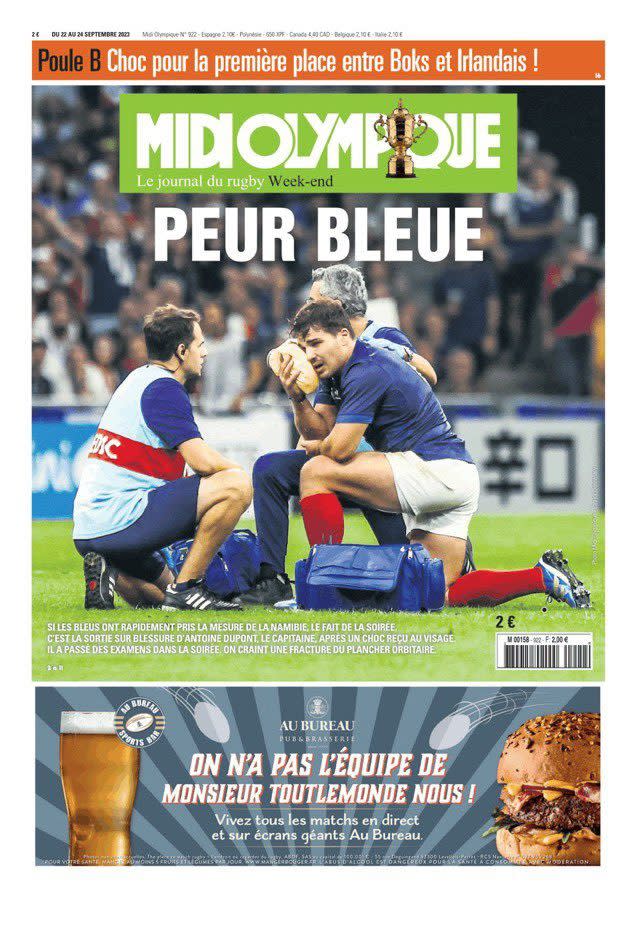 The front page of Midi Olympique after Antoine Dupont's injury