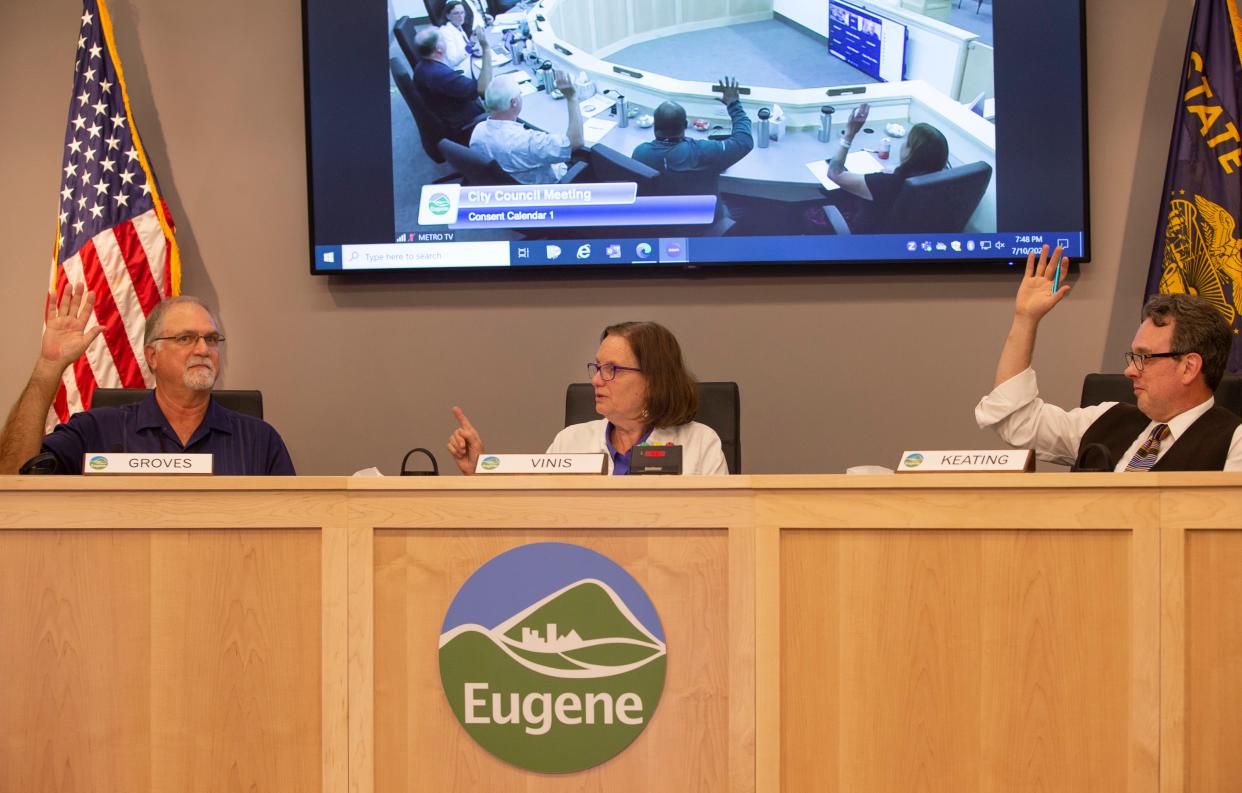Eugene City Councilor Randy Groves, Ward 8, left, ended the Monday night's council meeting early due to racist and antisemitic comments made by individual who had signed up to speak virtually.
