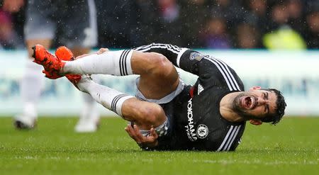 Football Soccer - Crystal Palace v Chelsea - Barclays Premier League - Selhurst Park - 3/1/16 Chelsea's Diego Costa lies injured Action Images via Reuters / John Sibley Livepic