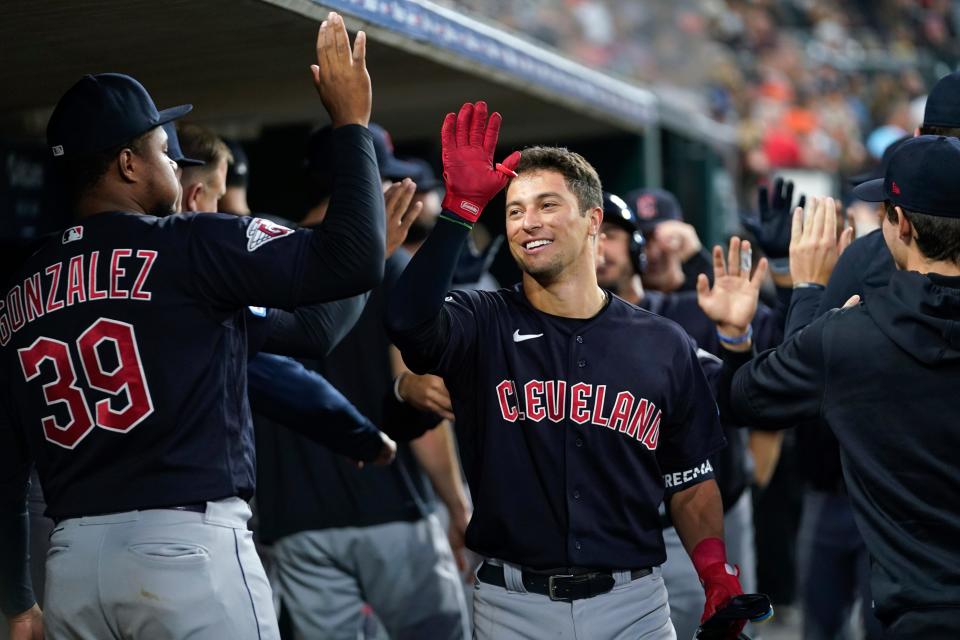 Cleveland Guardians' Tyler Freeman celebrates his three-run home run against the Detroit Tigers on Sept. 29, 2023, in Detroit.