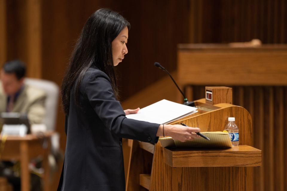 Alice Wang, attorney for the Center for Reproductive Rights, prepares her argument as the appellee during the Kansas Supreme Court case Hodes & Nauser v. Kobach on Monday morning.