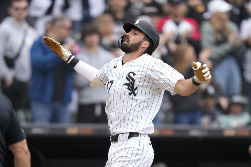 Chicago White Sox's Braden Shewmake celebrates his home run off Detroit Tigers starting pitcher Kenta Maeda during the second inning of a baseball game Saturday, March 30, 2024, in Chicago. (AP Photo/Charles Rex Arbogast)