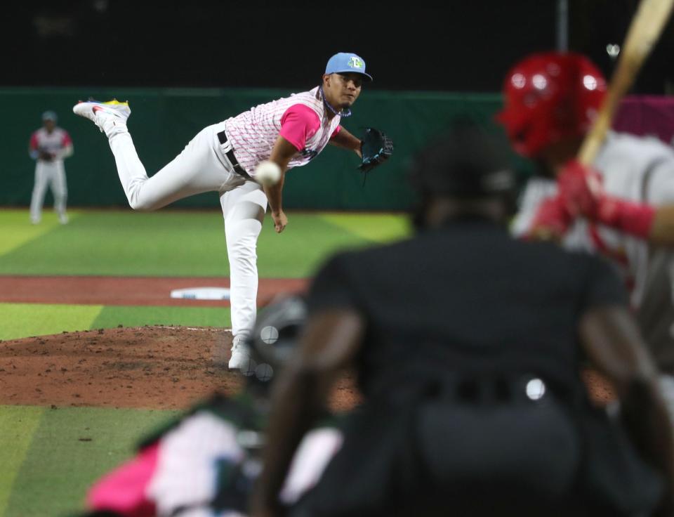 Daytona pitcher Juan Martinez (6) throws to a Palm Beach batter during the Tortugas' first home game of the 2024 season, Tuesday, April 9, 2024, at Jackie Robinson Ballpark.