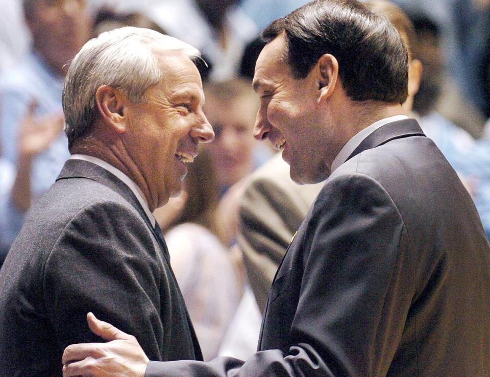 Duke’s Mike Krzyzewski greets North Carolina’s Roy Williams prior to the start of their game at the Dean Smith Center Tuesday Feb.7, 2006 in Chapel Hill,NC.