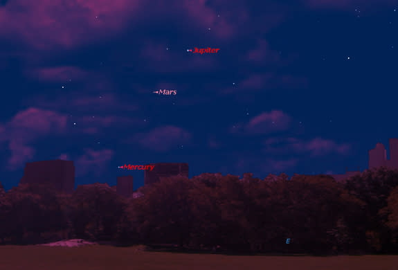 This sky map shows the locations of Jupiter, Mars and Mercury just before dawn on Aug. 5, 2013 as seen from mid-northern latitudes.