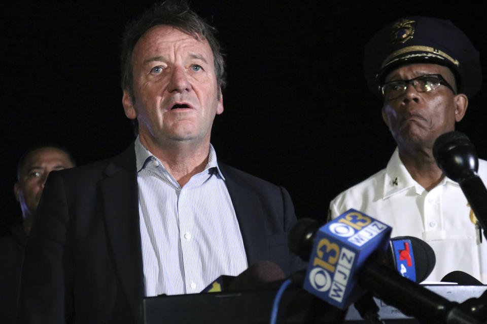 Annapolis Mayor Gavin Buckley speaks at a news conference about a shooting that left several people dead and wounded, late Sunday, June 11, 2023, in Annapolis, Md. Annapolis Police Chief Ed Jackson stands at right. (AP Photo/Brian Witte)