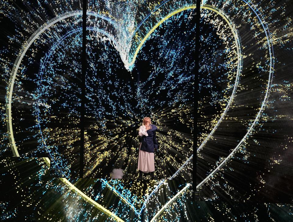 Alyosha of Ukraine performs during a dress rehearsal for the Eurovision Song Contest at the M&S Bank Arena in Liverpool, England, Monday, May 8, 2023. (AP Photo/Martin Meissner)