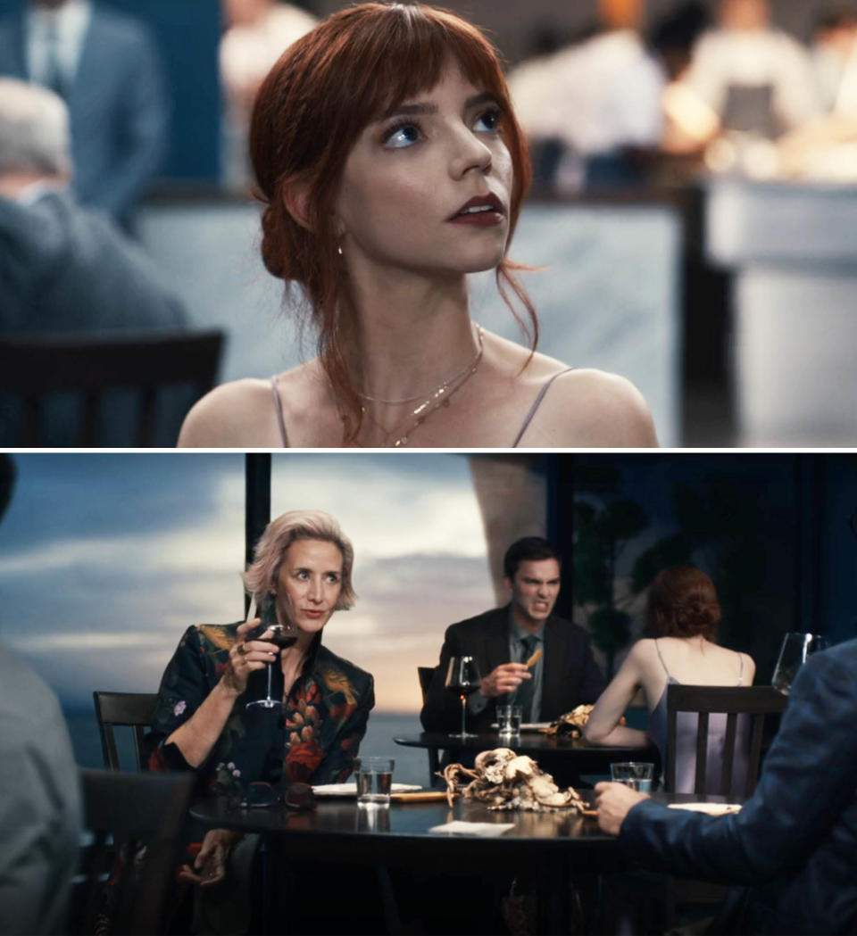 Scene from The Menu, with one showing Nicholas Hoult's and Anya Taylor-Joy's characters having a conversation in the background of a scene