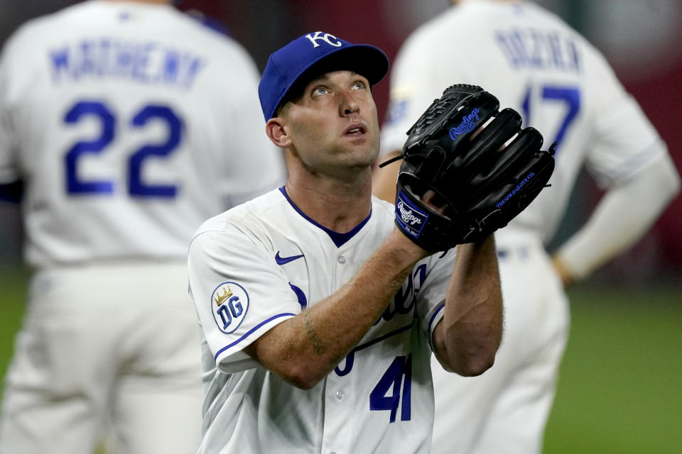 Kansas City Royals starting pitcher Danny Duffy walks to the dugout after after coming out of the game during the sixth inning of a baseball game against the St. Louis Cardinals Wednesday, Sept. 23, 2020, in Kansas City, Mo. (AP Photo/Charlie Riedel)