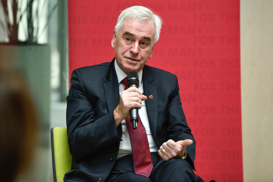 LONDON, ENGLAND - NOVEMBER 04: Shadow Chancellor John McDonnell speaks to NHS staff at an event on November 4, 2019 in London, England. Labour published data today, Monday, in which they claim reveal NHS operations being cancelled due to staff shortages and equipment failures are up by a third in two years. (Photo by Peter Summers/Getty Images)