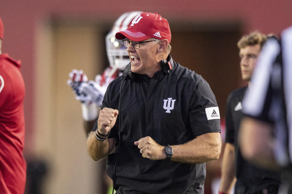 Indiana head coach Tom Allen reacts to the action on the field during the first half of an NCAA college football game against Idaho, Saturday, Sept. 11, 2021, in Bloomington, Ind. (AP Photo/Doug McSchooler)