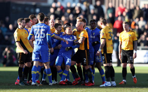 Samuel Saiz (No 21) was sent off for an altercation at the end - Credit: PA