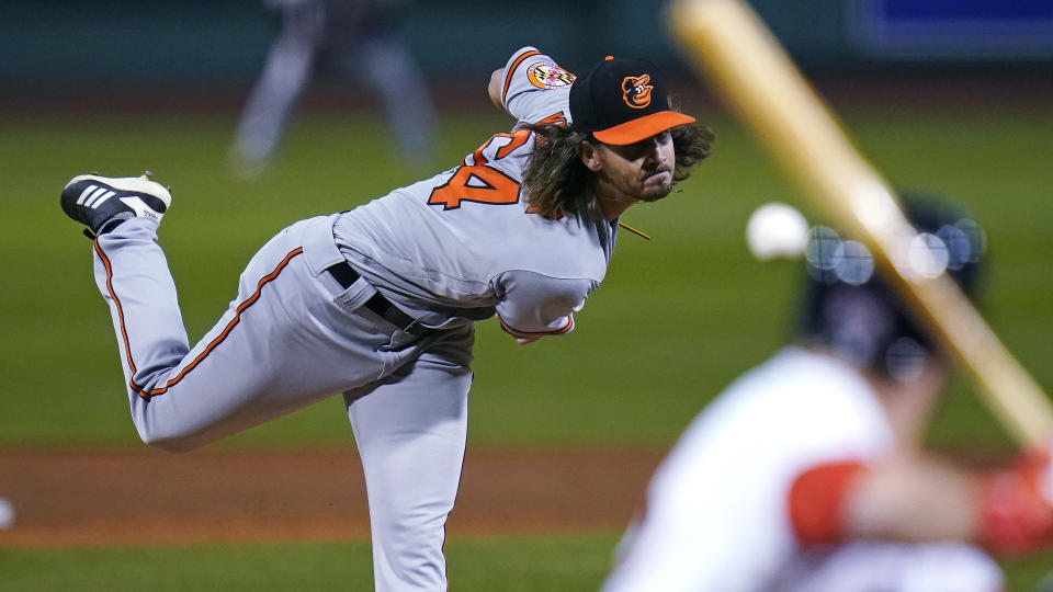 Baltimore Orioles starting pitcher Dean Kremer delivers during the first inning of the team's baseball game against the Boston Red Sox in Boston, Wednesday, Sept. 23, 2020, at Fenway Park. (AP Photo/Charles Krupa)