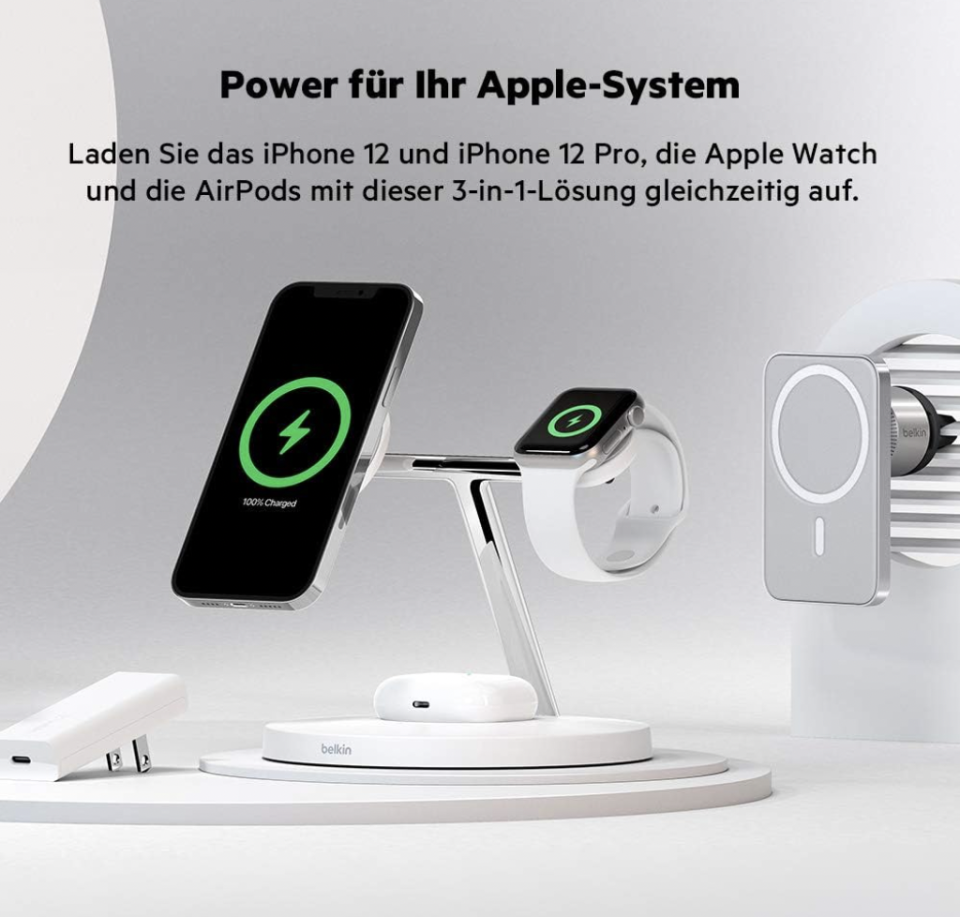 Eine ganz neue 3-in-1-Lösung zum Laden Ihres neuen iPhone 15, iPhone 14, iPhone 13 oder 12 mit MagSafe, Ihrer Apple Watch und Ihrer AirPods. (Bild: Amazon)